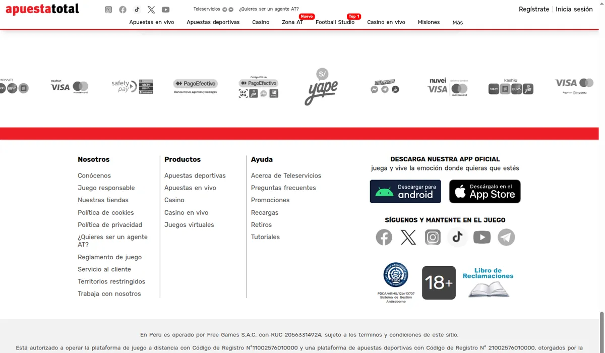 Captura del pie de la portada de Apuesta Total: franja de logos de medios de pago con Yape junto a PagoEfectivo, SafetyPay, Niubiz, Nuvei y Kashio, y los enlaces Recargas y Retiros