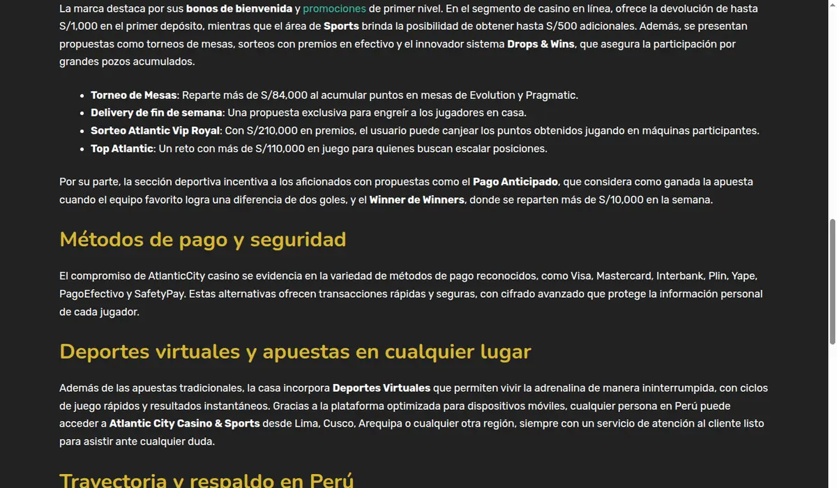 Captura de la portada de Atlantic City, sección «Métodos de pago y seguridad»: el texto lista Visa, Mastercard, Interbank, Plin, Yape, PagoEfectivo y SafetyPay