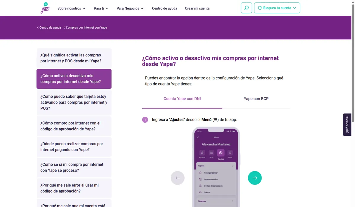 Captura de la ayuda de Yape «¿Cómo activo o desactivo mis compras por internet desde Yape?»: primer paso, Ajustes dentro del Menú, con la pantalla de la app y las pestañas Cuenta Yape con DNI y Yape con BCP