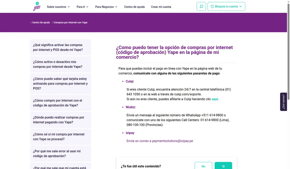 Captura de la ayuda de Yape sobre cómo ofrecer compras por internet con código de aprobación en la web de un comercio, con contactos de las pasarelas Culqi, Niubiz e Izipay