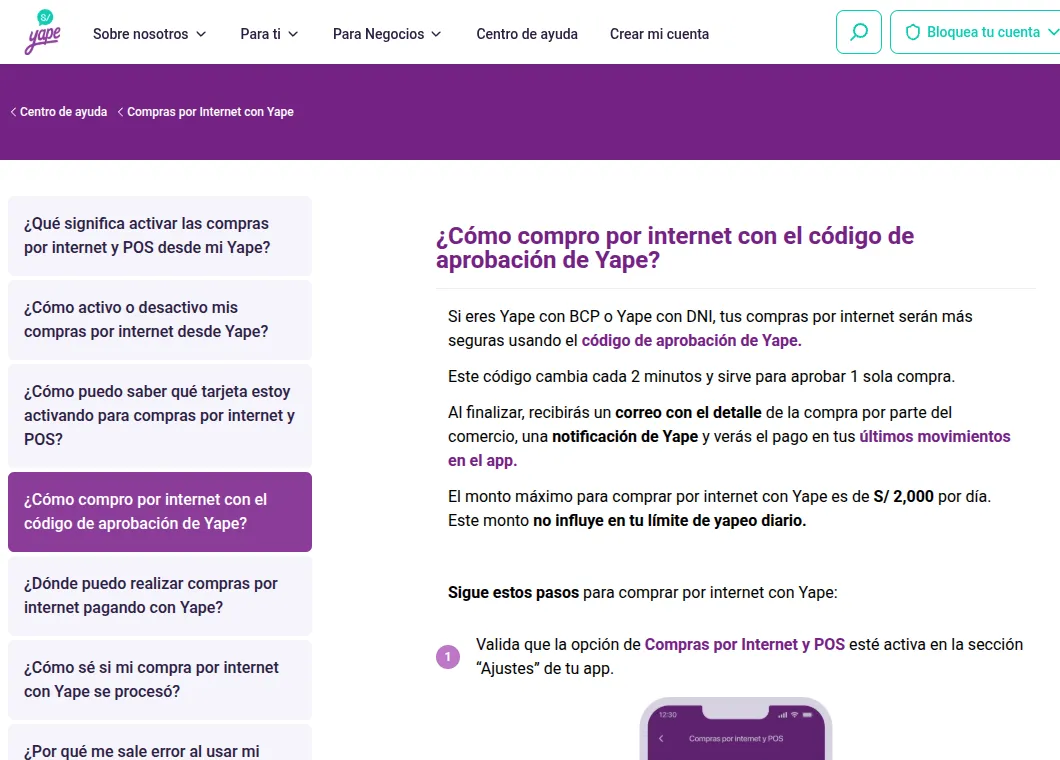 Captura de la ayuda de Yape sobre compras por internet: el código de aprobación cambia cada 2 minutos y el máximo es S/ 2,000 por día