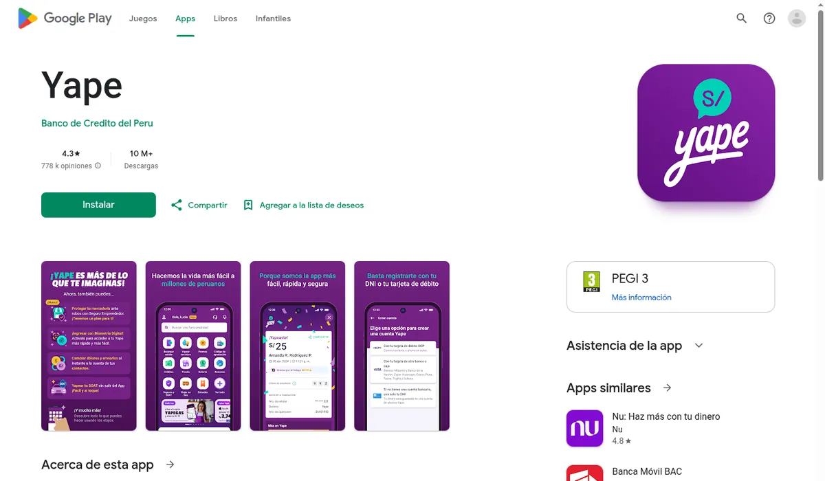 Captura de la ficha de Yape en Google Play: publicada por Banco de Crédito del Perú, 4.3 estrellas, 778 mil opiniones, más de 10 millones de descargas y cuatro pantallas de la app