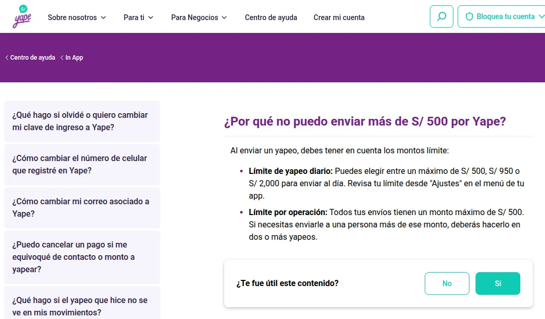 Captura de la página de ayuda de Yape: límite de yapeo diario de S/ 500, S/ 950 o S/ 2,000 y máximo de S/ 500 por operación