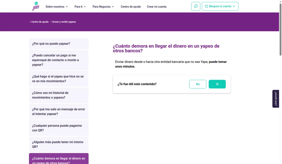 Captura de la ayuda de Yape «¿Cuánto demora en llegar el dinero en un yapeo de otros bancos?»: enviar dinero desde o hacia otra entidad puede tomar unos minutos
