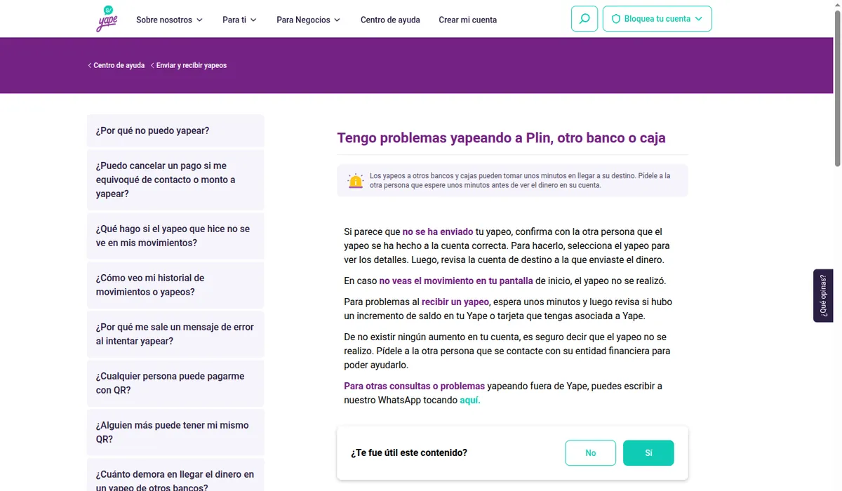 Captura de la ayuda de Yape «Tengo problemas yapeando a Plin, otro banco o caja»: los yapeos a otros bancos pueden tardar unos minutos y se confirman en Movimientos