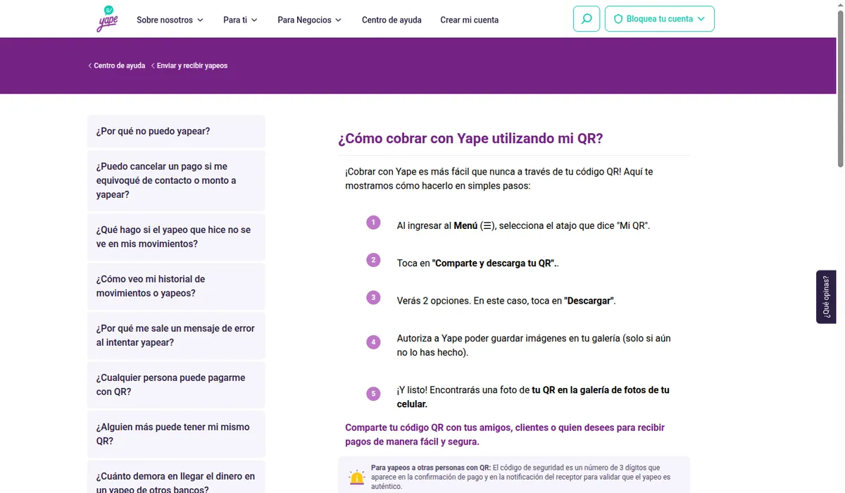 Captura de la ayuda de Yape «¿Cómo cobrar con Yape utilizando mi QR?»: cinco pasos, desde Menú y Mi QR hasta guardar la imagen del QR en la galería del celular