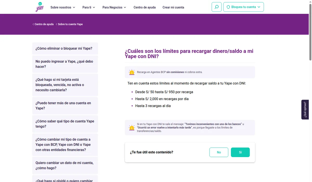Captura de la ayuda de Yape sobre los límites para recargar saldo a una cuenta con DNI: de S/ 50 a S/ 950 por recarga, hasta S/ 2,000 por día y hasta 3 recargas al día