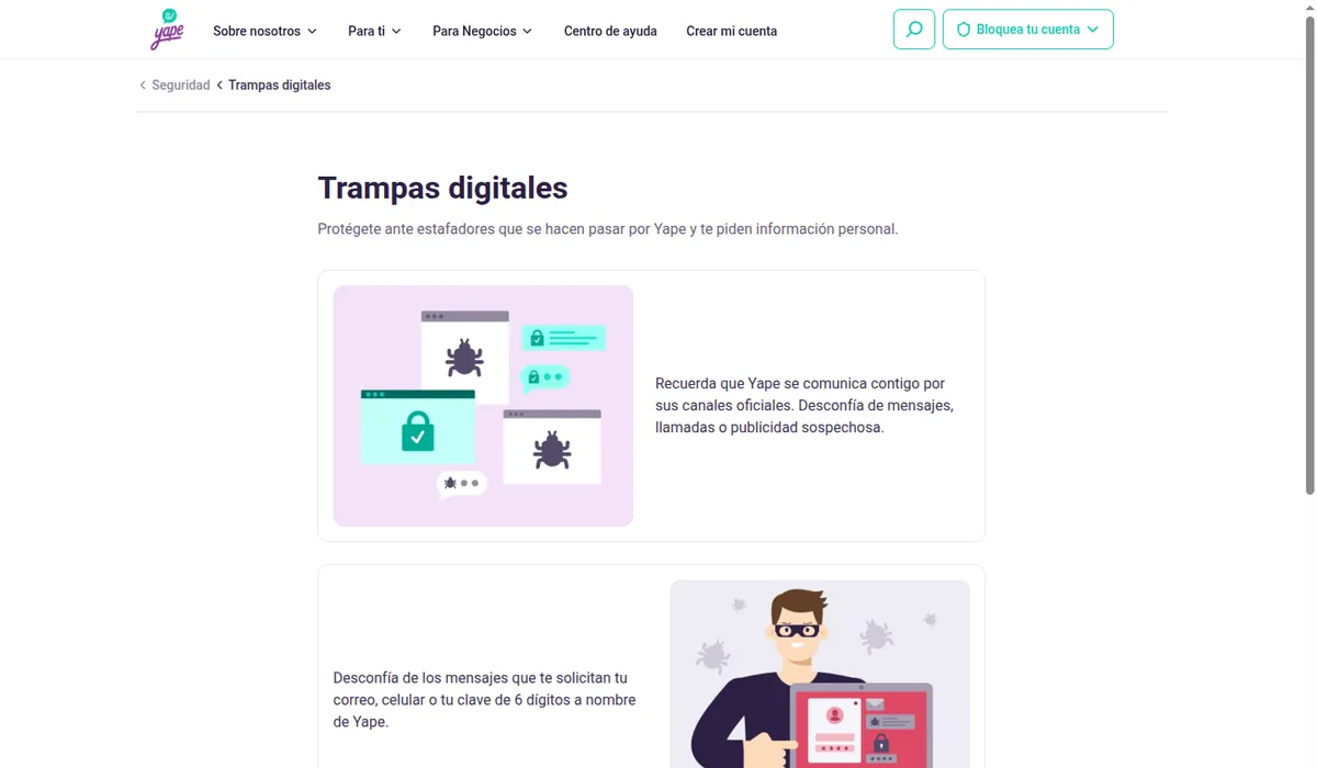 Captura de la página de seguridad de Yape «Trampas digitales»: Yape se comunica por canales oficiales y no pide correo, celular ni clave de 6 dígitos por mensaje